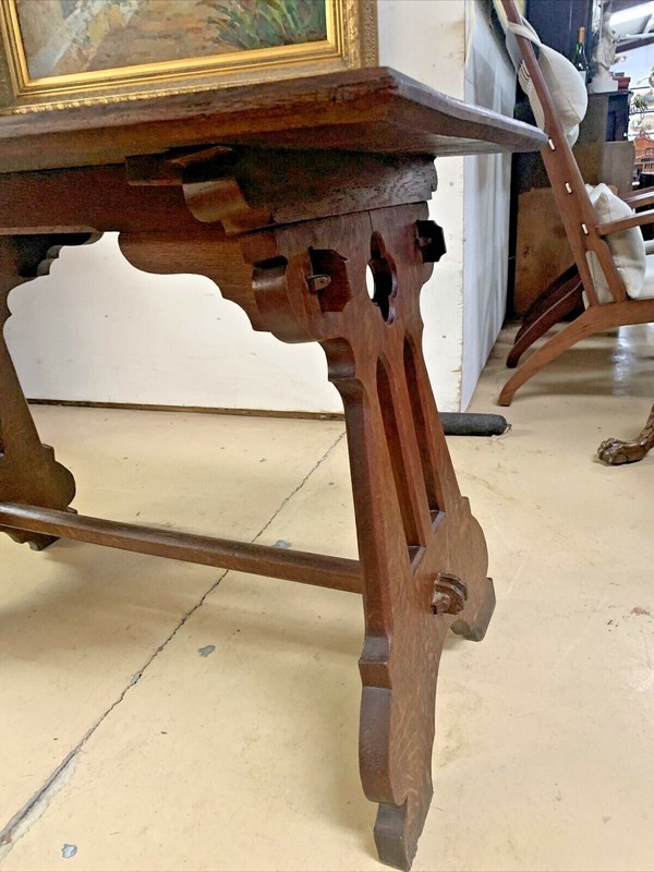 Antique French Solid Oak Gothic Ogee Writing Desk Table Bureau Plat Trestle gallery