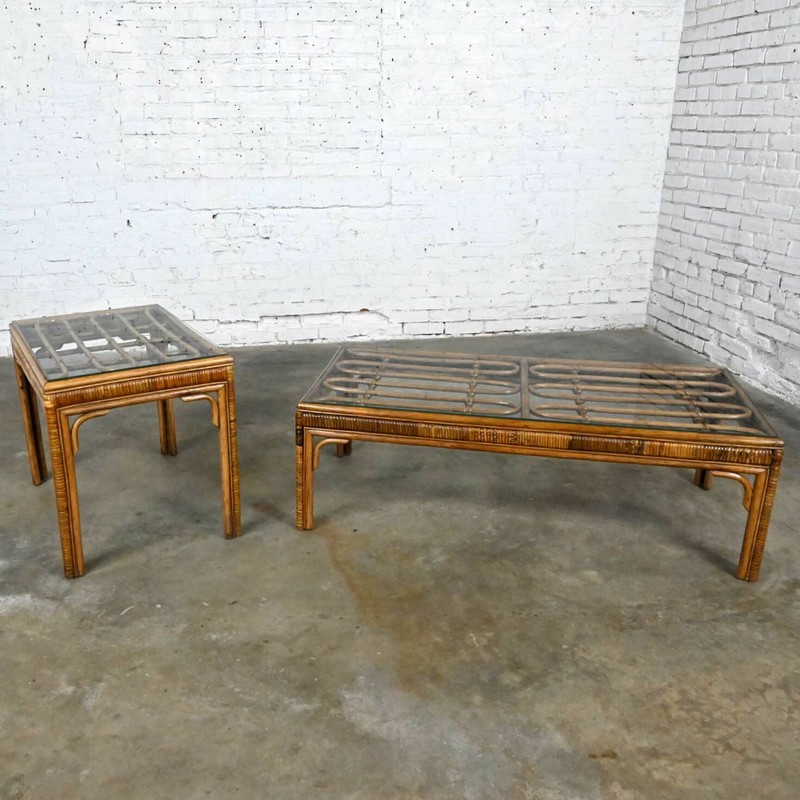 Vintage Organic Modern Rattan Coffee Table & Side Table Style Ficks Reed, pair gallery