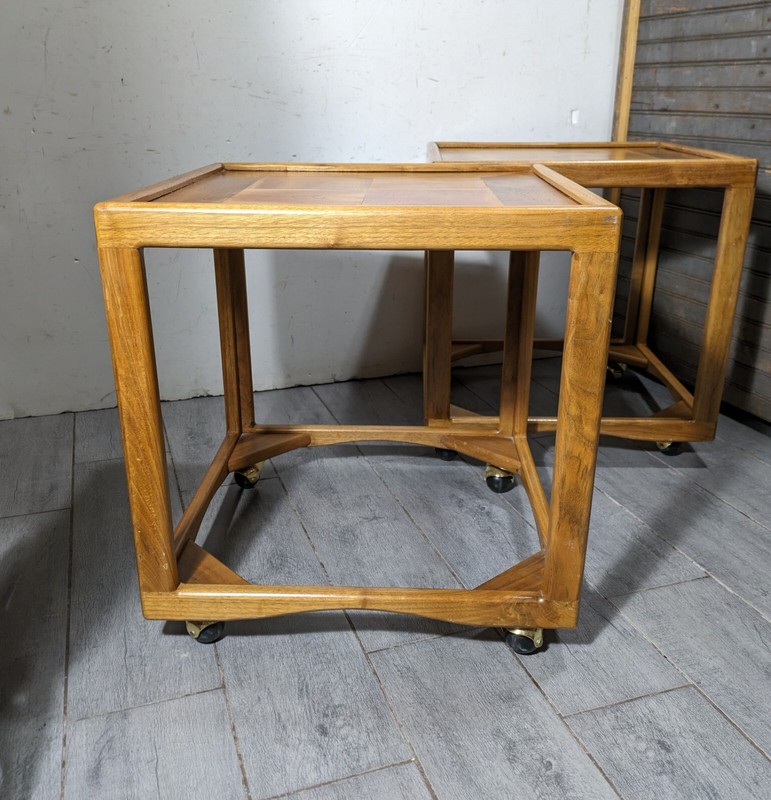 Vintage Pair of Mid Century Modern Square Cube Teak Wood Rolling End Tables gallery