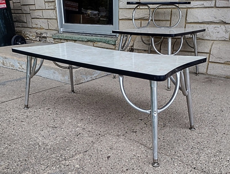 Vintage Atomic MCM Swedish Formica & Chrome Coffee & 2 Tier Step End Table Set gallery