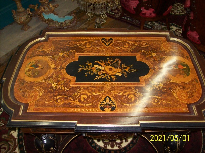 Antique American Renaissance Inlaid Marquetry Table, Circa 1880 gallery