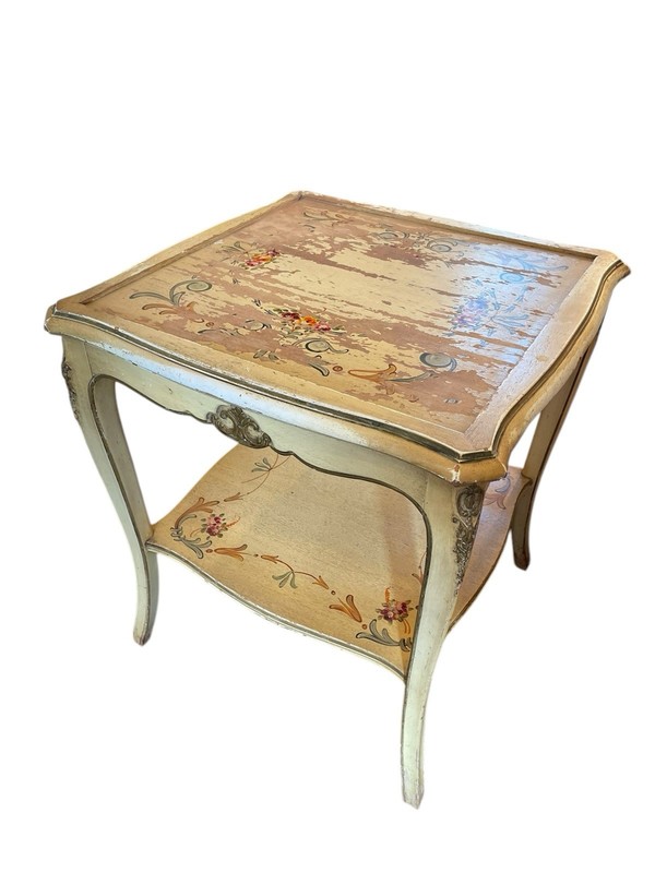 Antique Baroque Hand Painted Floral Coffee Table Solid Wood Ornate 24”W x 26”H