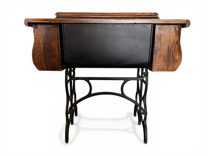 Antique Oak Storage Table with Foldout Top, Inside Compartment and 5 Drawers gallery