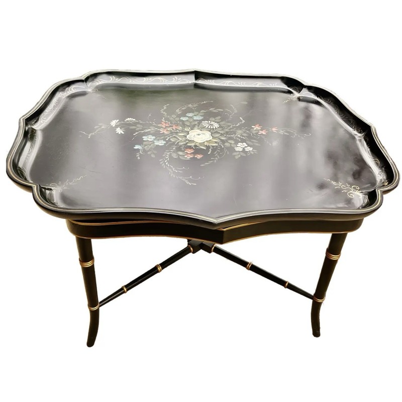 Antique Hand Painted Signed English Hand Painted Tole Tray Top Coffee Table