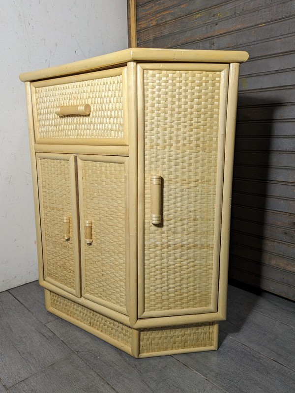 Vintage Boho Chic Cottage Wicker Rattan Corner Table Shelf Cabinet Mid Century gallery