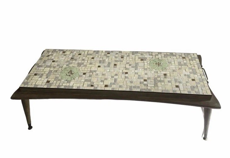 Vintage Mid Century Modern Atomic Tile Mosaic Top Coffee Table 49”L x 19”x 17” H