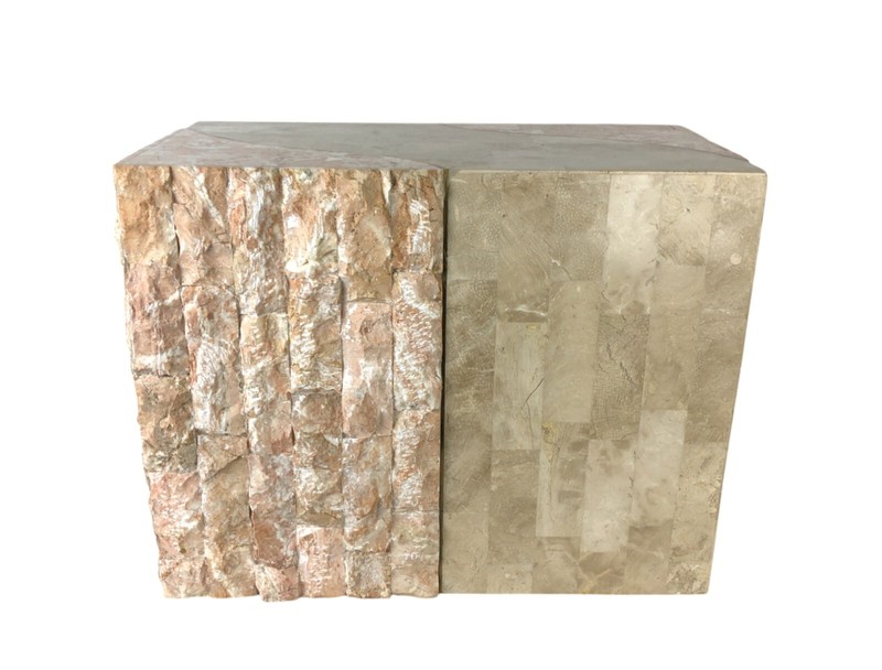 2 MCM MAGNUSSEN FURNITURE Tessellated Marble Stone Brass + Glass Side End Tables gallery