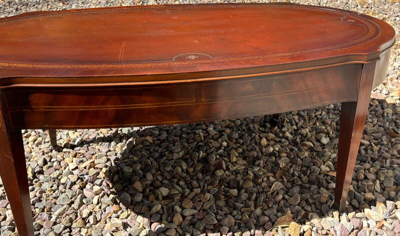 VTG 1940s Mahogany Wood Coffee Table Leather Top Embossed Gold Trim w/Drawer gallery