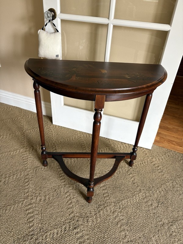 Vintage Asian Motif Demilune 1/2 Round Entry Hall Wood Table