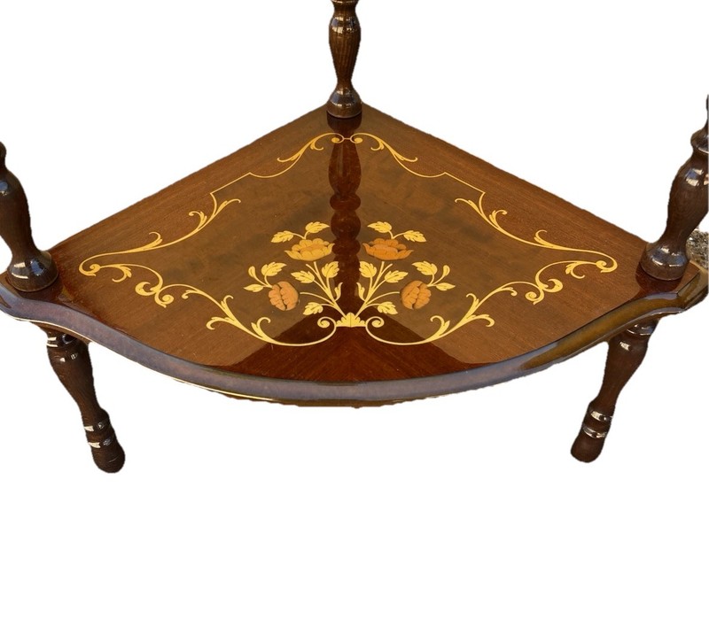 Set Of 2 Vintage Italian Inlaid Mahogany 3 Tier Corner Tables gallery