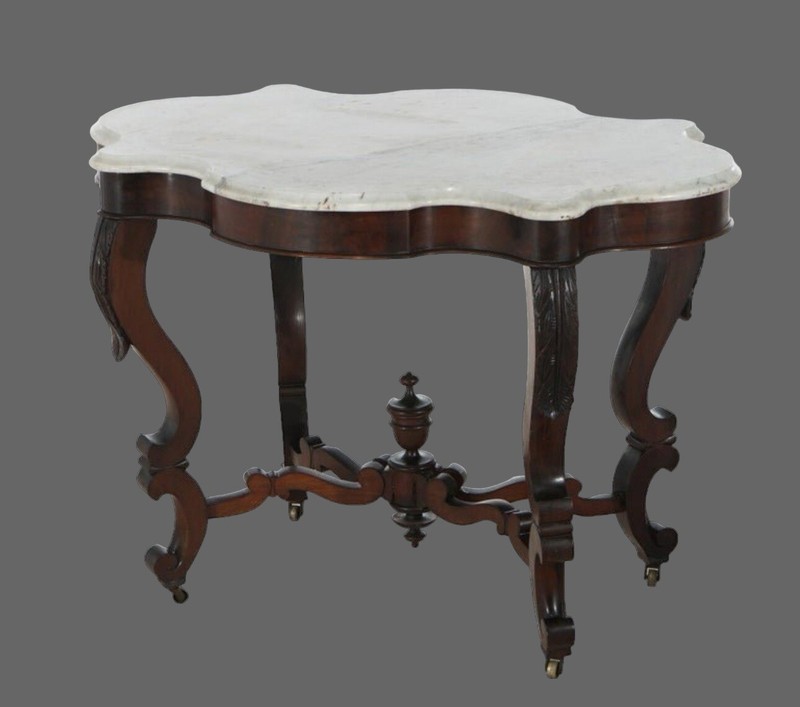 Antique Victorian Foliate Carved Walnut & Beveled Marble Turtle Top Table gallery