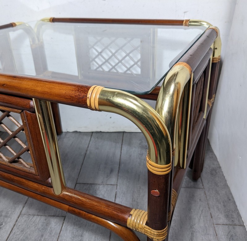 Vintage MCM Boho Hollywood Regency Bent Bamboo Asian End Table with Glass Top A gallery