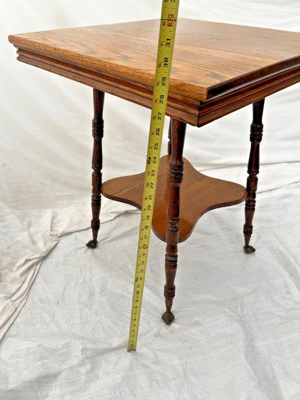 Antique Victorian Table bottom shelf Oak Carved legs Glass Ball Claw feet gallery