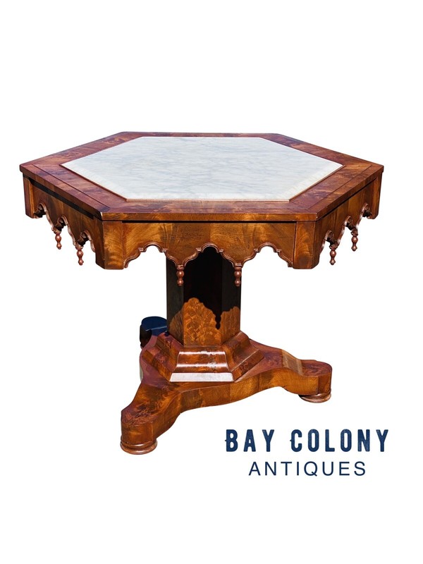 ANTIQUE SOUTHERN US MAHOGANY GOTHIC PARLOR TABLE WITH INSET HEXAGONAL MARBLE TOP