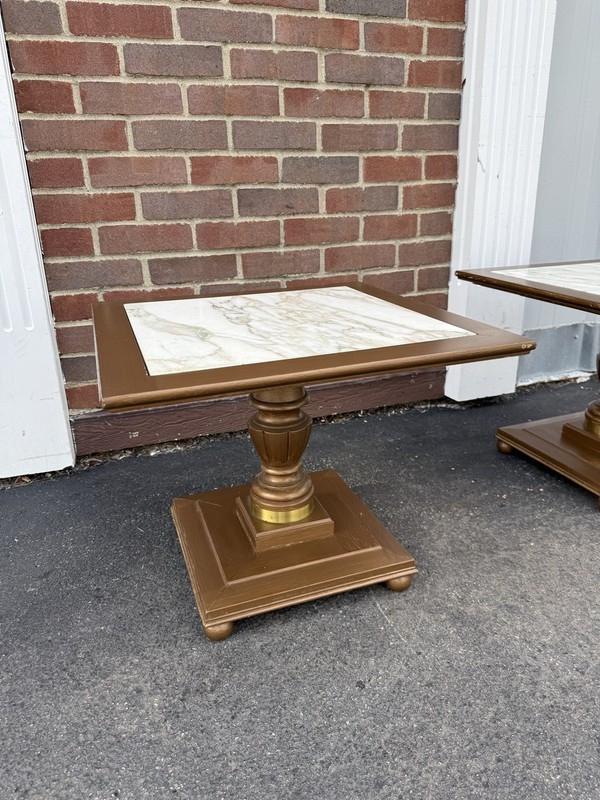 Pair Vintage Mid-Century Marble Top Pedestal End Tables Italian Style Square 20” gallery