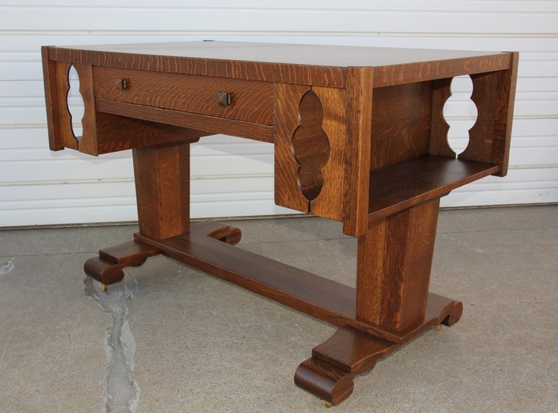 Beefy Antique Arts & Crafts Mission Oak Library Desk Table Bookshelf Ends Office gallery