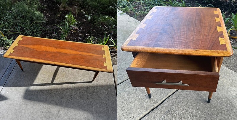 1960s Mid-Century Lane Acclaim Walnut Dovetail Coffee & Side Table w/Drawer Set