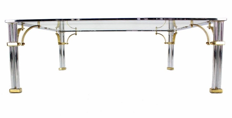 Large Square Italian Mid Century Modern Brass Chrome Glass Top Coffee Table MINT gallery