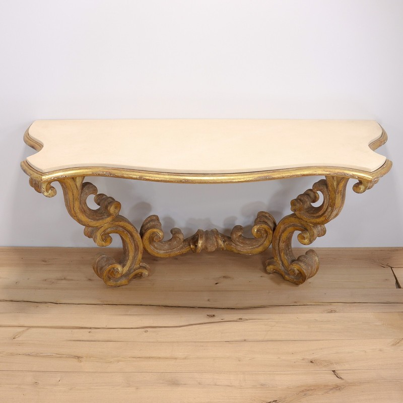 Gessoed & Gilt Rococo / Louis XV Style Demilune Console Table with Limestone gallery