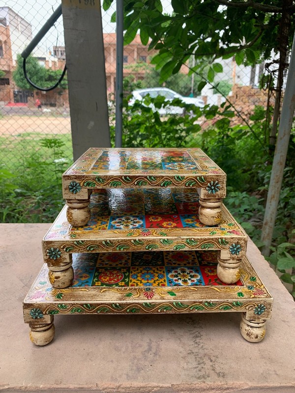 White HandMade Wooden Chowki Set Embossed Antique Design Wooden Table Low Stool gallery