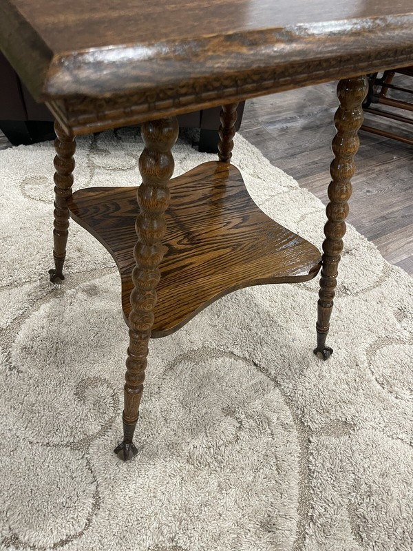 Antique tiger oak parlor side table W/brass and crystal ball feet Nice Condition gallery
