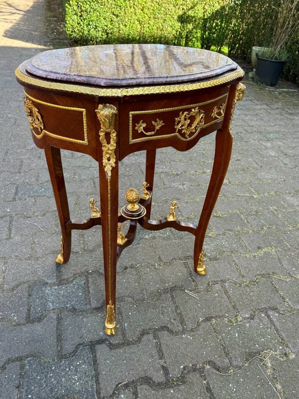Table Oval Mahogany Louis XVI Marble Top Gilded Bronze French Vintage Decor