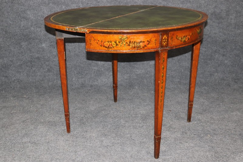 19th century English Adams Style Paint Decorated Leather Top Demilune Table gallery