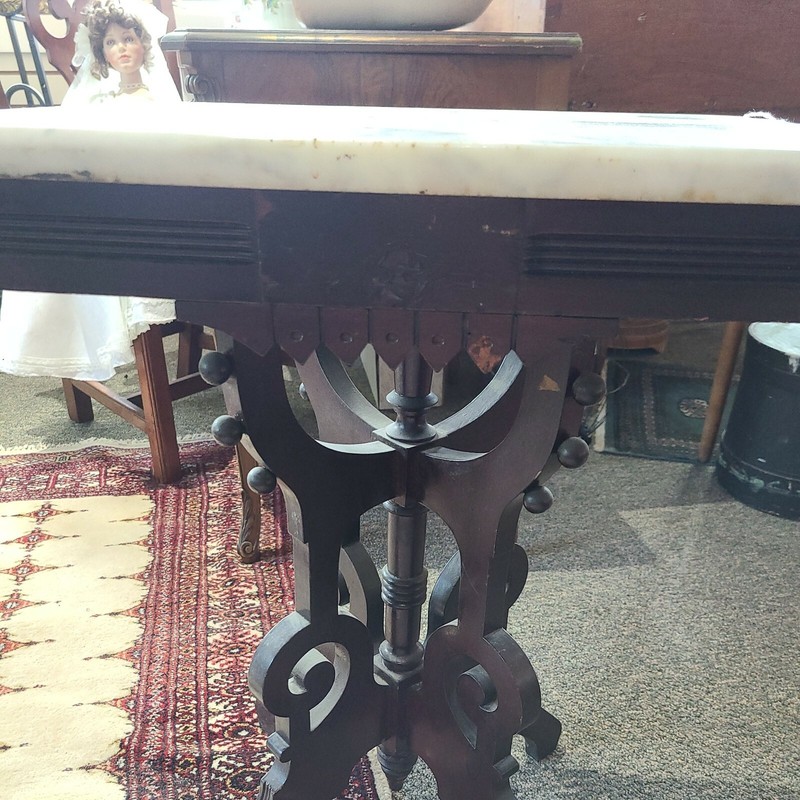 ANTIQUE VICTORIAN WALNUT PARLOR TABLE WITH MARBLE TOP 20"x15"x 27" PICK UP ONLY gallery