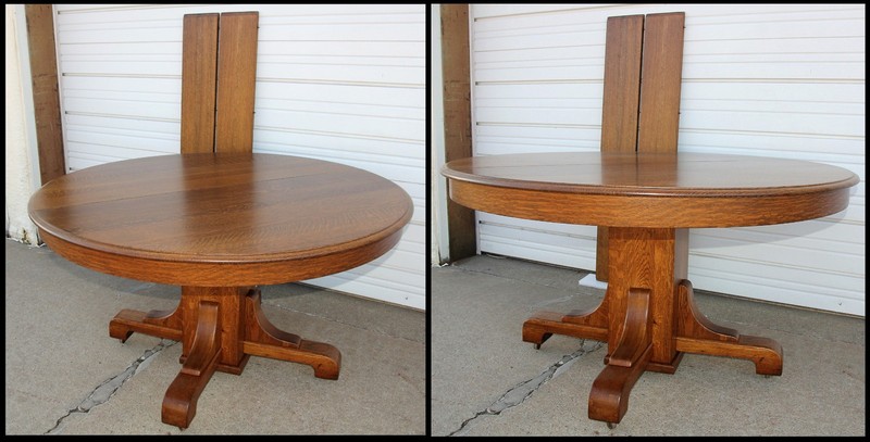 Antique 54"-70" Expanding Tiger Oak Arts & Crafts Round Dining Table w 2 Leaves gallery
