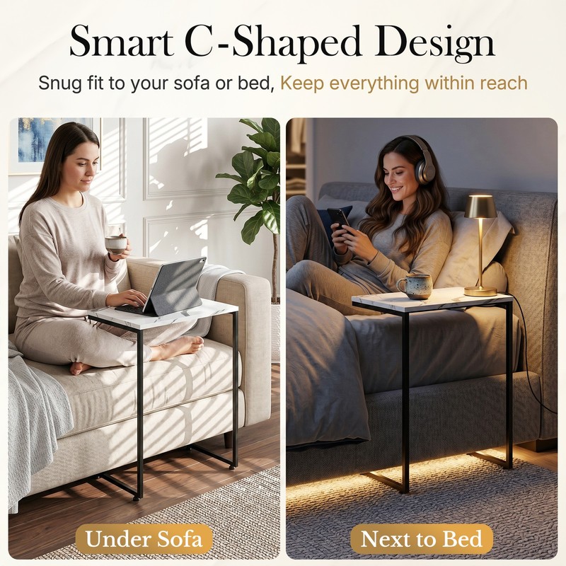 C-Shaped End Table Sofa Side Table Tray Sturdy Wooden Table White Set of 3 gallery