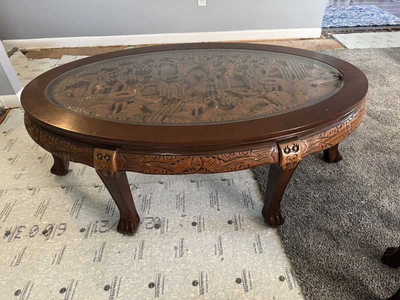 Vintage Chinese Asian Ornately Carved Golden Brown Coffee Table w Six Stools gallery