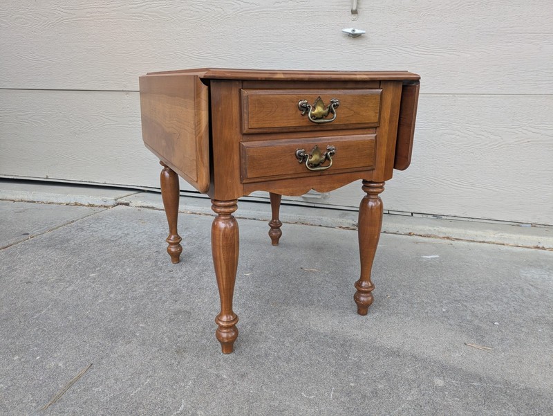 Vintage Rustic Country Colonial Solid Cherry Wood Drop Leaf 2-Drawer End Table A gallery