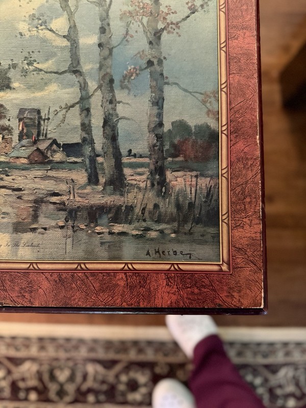 Vintage Folding Tray Table with Signed A. Herbe Landscape Art Top – Mid Century gallery