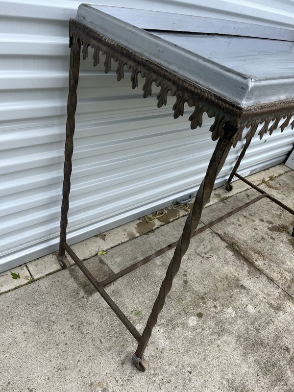 ANTIQUE Gothic Funeral Home WROUGHT IRON CHURCH ALTER TABLE W/ OFFERING BOX gallery
