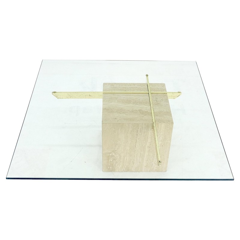 Large 37×37 Square Glass Top Travertine Pedestal & Brass Base Coffee Table