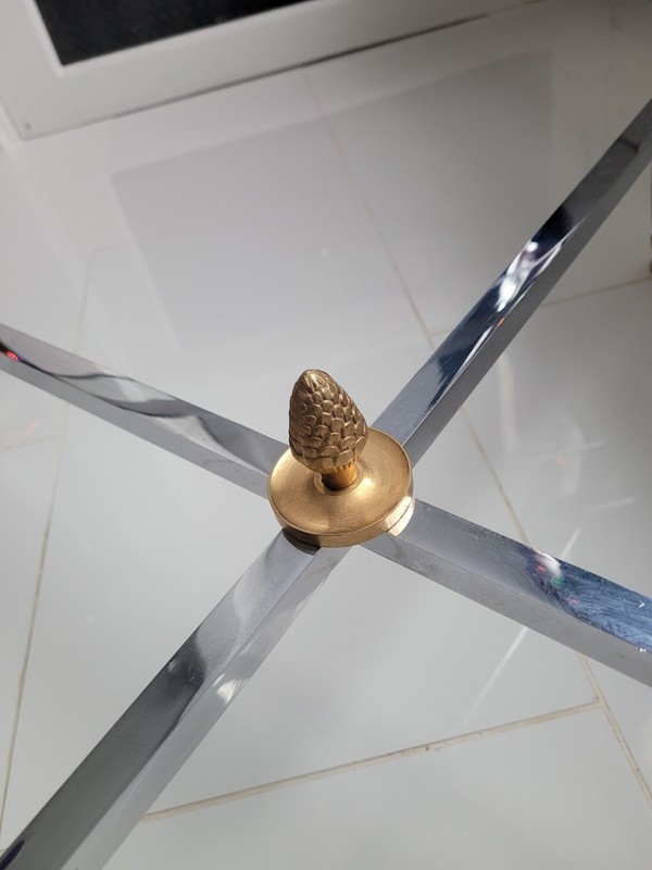 Maison Jansen Hollywood Regency Chrome Glass & Brass "Hoofed" Footed Table... gallery