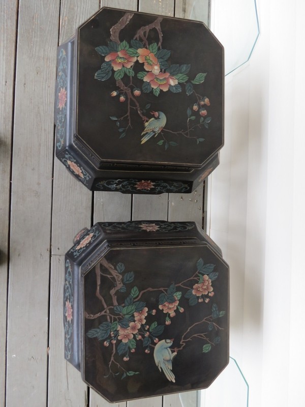 Pair Of Vintage Oriental Asian Hand Painted & Lacquered Bird & Flower Tables gallery