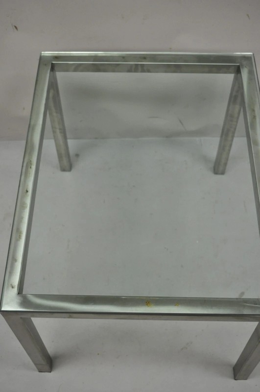 Mid Century Modern Brushed Metal Glass Top Milo Baughman Style Side Table gallery