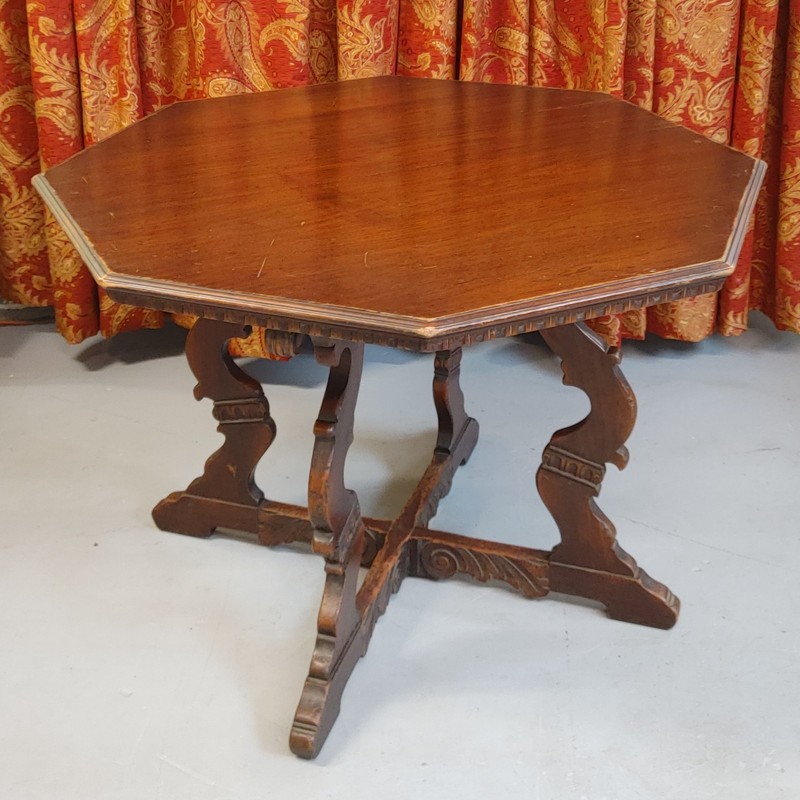 Antique Octagon Wood Center Table Carved Walnut Jacobean Renaissance Card Game gallery