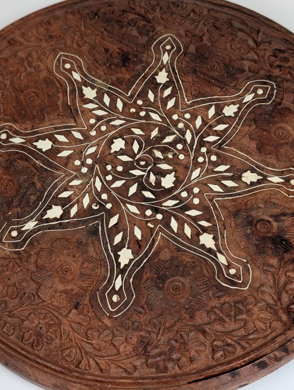 Vintage Wooden Round Table Top Hand Carved Mother Of Pearl Inlay (Top Only) gallery