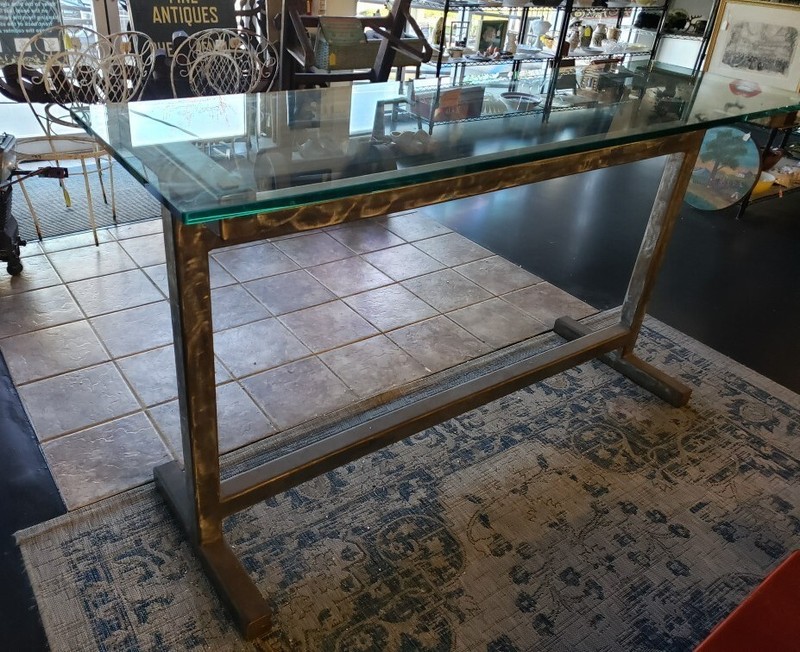Large Thick Glass Top and Brushed Steel Base Rectangular Table
