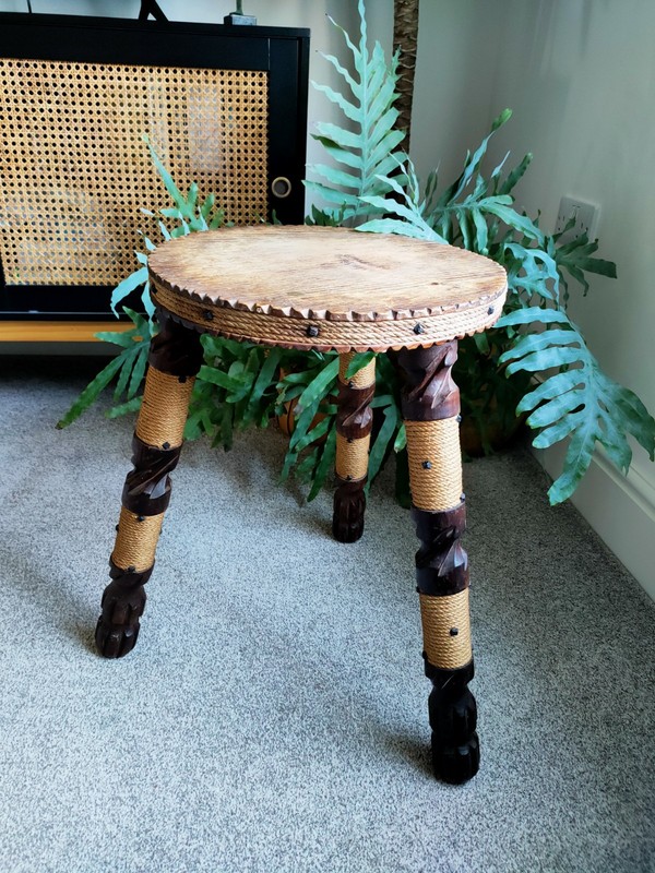 Brutalist Pine & Rope Stool c. 1970s Table 53.5cm Tall Mid Century MCM Rare