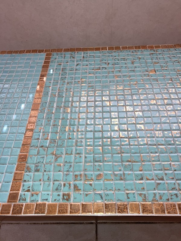 Mid-Century Turquoise Porcelain Mosaic Tile Top Coffee Table Brass Legs gallery