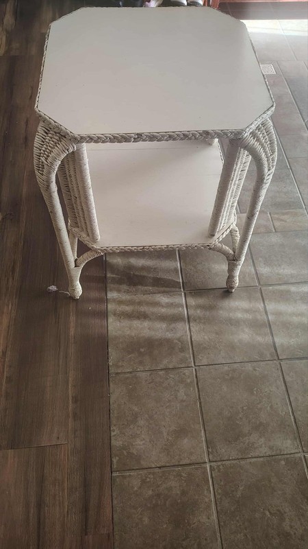 Antique Wicker Table Base with Wood Top Cast Iron Base With Second Wood Shelf gallery