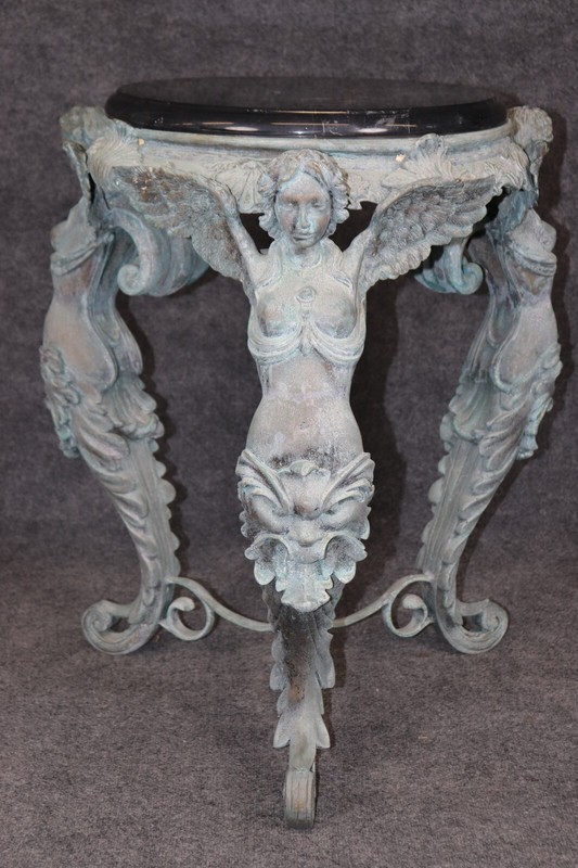 Metal Figural Victorian Style Bronze Finished Metal Marble Top Pedestal Table gallery