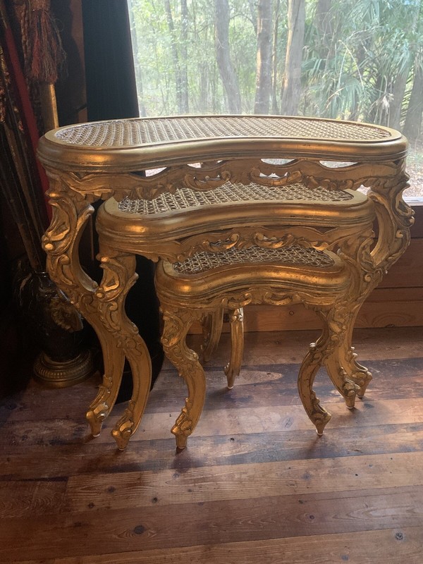 French gilt wood ornate crescent moon cane nesting stacking tables estate