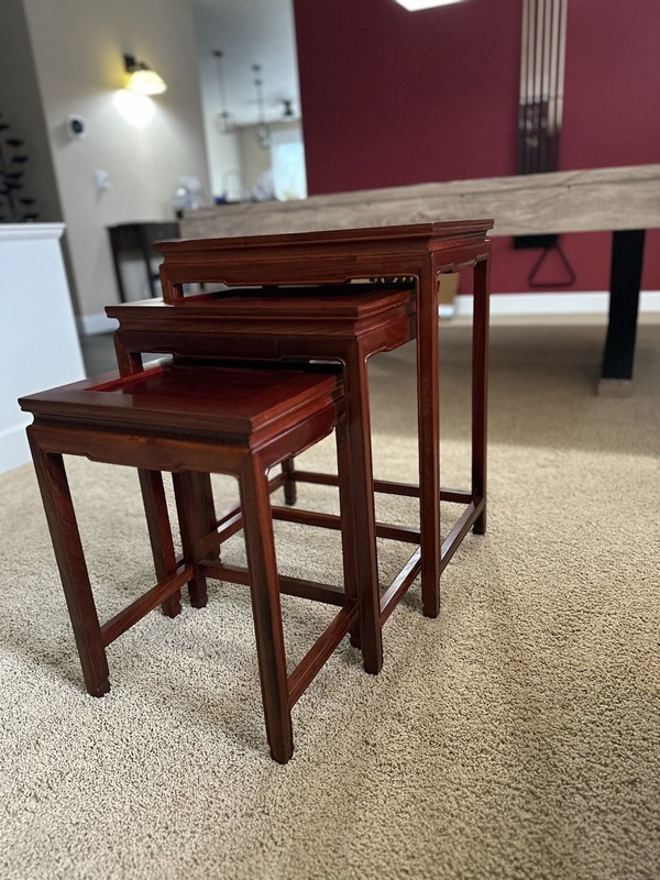Vtg Asian Chinese Set of 3 Nesting Nested Side Tables Solid Rosewood EUC gallery