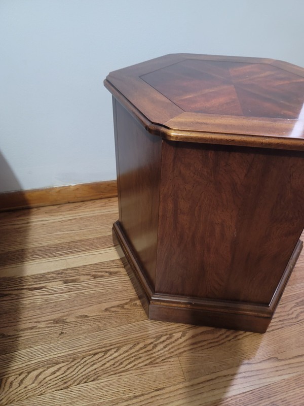 Mid-Century Hexagonal Drum Wood Side End Table With Storage gallery