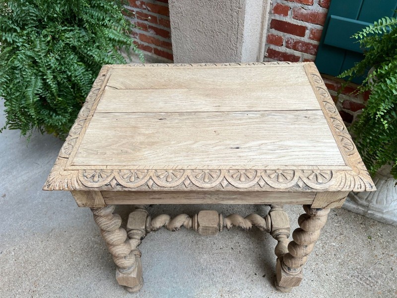 Antique French Side Table Barley Twist Bleached Carved Oak Nightstand Louis XIII gallery