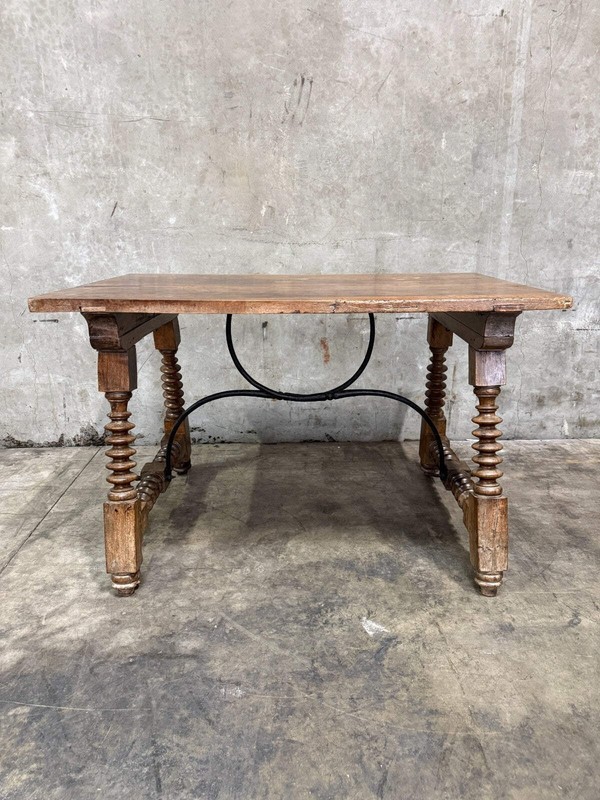 19th Century Spanish Walnut Center Table with Iron Stretcher Support Turned Legs